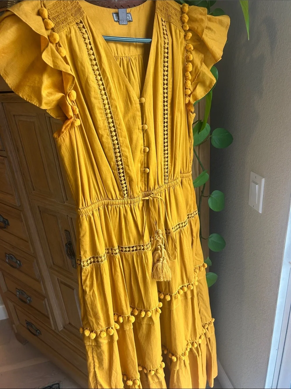 Point Sur Mustard Yellow Tiered Boho Midi Dress - Picture 2 of 9